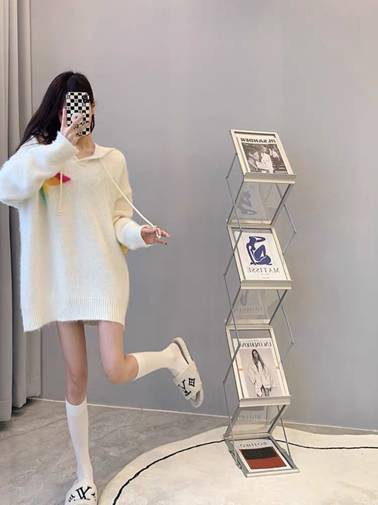 Gentle and windy mohair color-blocked hooded sweater for women in winter, warm, high-end, chic and age-reducing top ins T3453