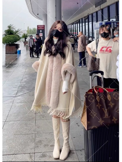 Shawl cape cloak coat female autumn and winter Korean temperament all-match large fur collar hooded thick knitted coat outerwear