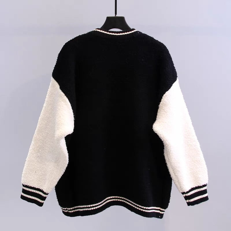 Cartoon sherpa color-blocked sweater jacket for women autumn and winter 2023 new baseball uniform loose outer wear knitted cardigan