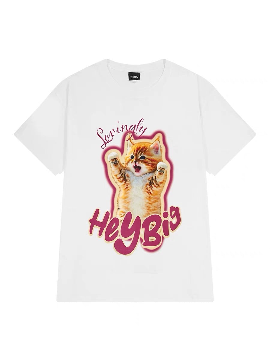 American retro oversize printed cat short-sleeved T-shirts for men and women with different designs for lovers