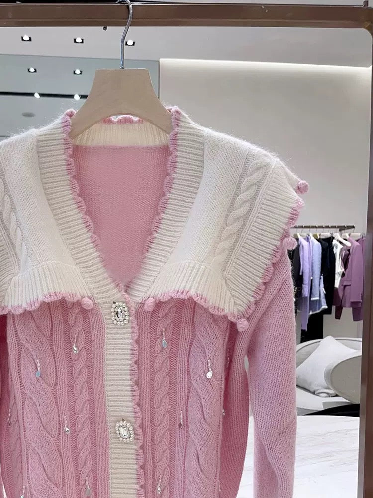 Buyer store high-end beaded button pink lapel knitted sweater for women 2023 early autumn new loose age-reducing top T9795