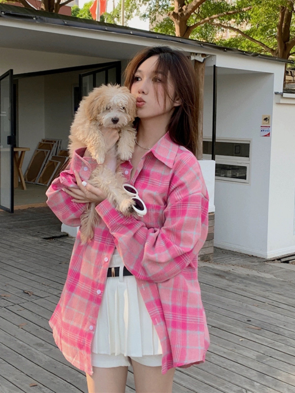 Korean version of the pink plaid long-sleeved sunscreen shirt women's early autumn new loose and versatile mid-length outerwear chic