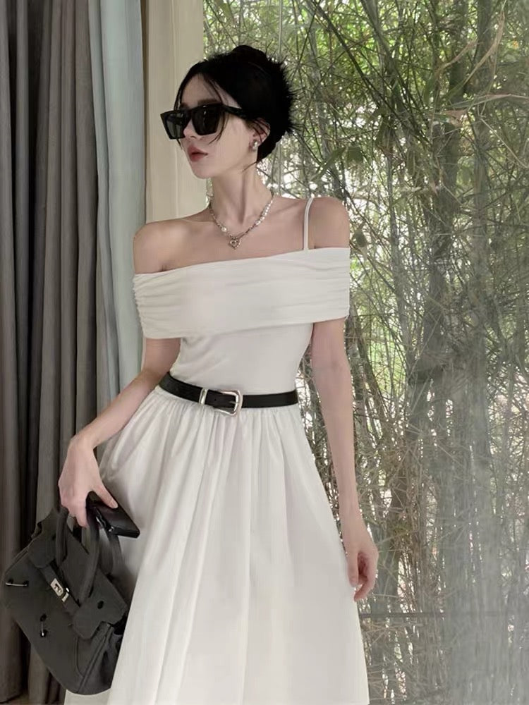 French Hepburn style white temperament high-level one-shoulder suspender dress women's summer waist slimming long skirt