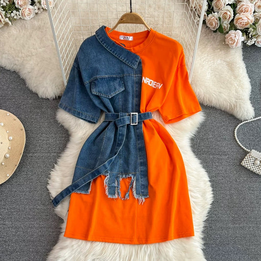 Retro Hong Kong style temperament waist with belt round neck color matching denim shirt spring new chic casual mid-length top