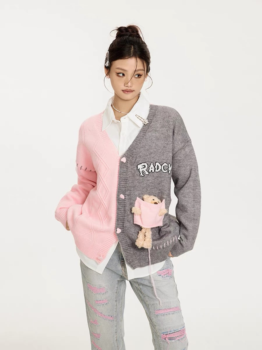 Sanowers patchwork contrasting color design, cute three-dimensional bear pendant, loose and lazy style V-neck cardigan sweater (S0666)