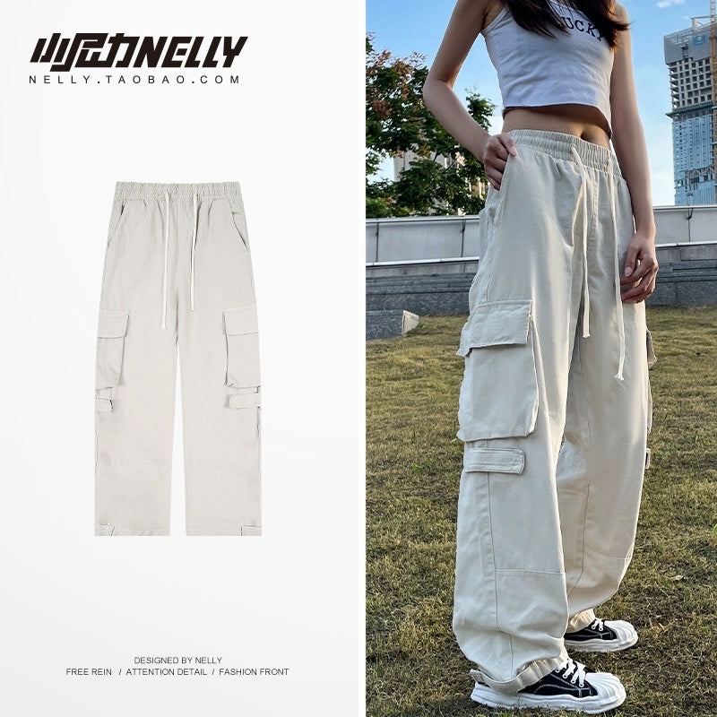 Original trendy brand multi-pocket overalls for men and women high street all-match loose straight drawstring adjustable leg pants cropped pants