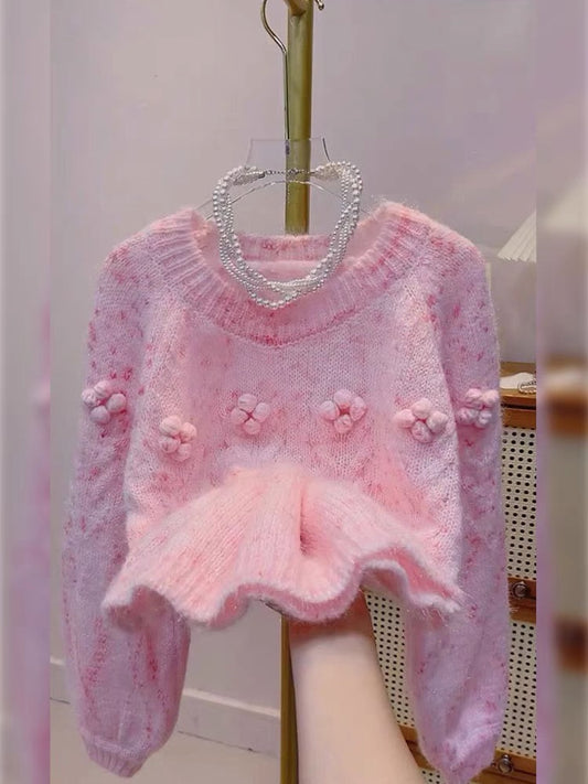 Lazy style design, unique three-dimensional flower pink sweater for autumn outer wear, gentle style artistic student sweater for women (V7715)