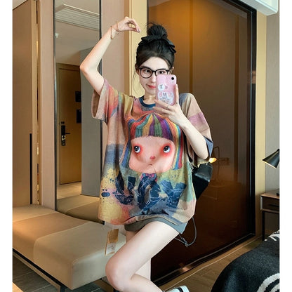 Tie-dye fun girl short-sleeved t-shirt female summer design sense niche American tide brand loose large half-sleeved top