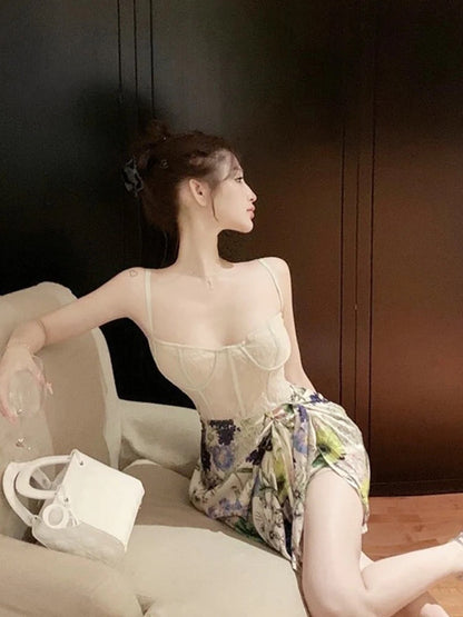 Summer dopamine wear small floral suspender dress feminine tube top streamer waist bag hip skirt