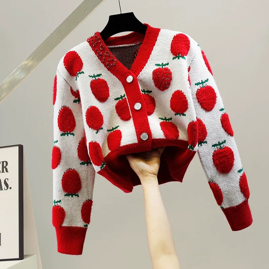 Heavy industry red diamond-encrusted cute strawberry jacquard craft color-blocked thickened short sweater with temperament and age-reducing slimming top