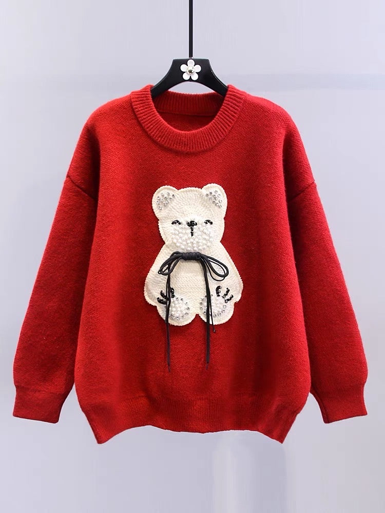 Japanese cartoon bear beaded pullover hairy head women's autumn and winter 2023 new loose and high-end age-reducing knitted top