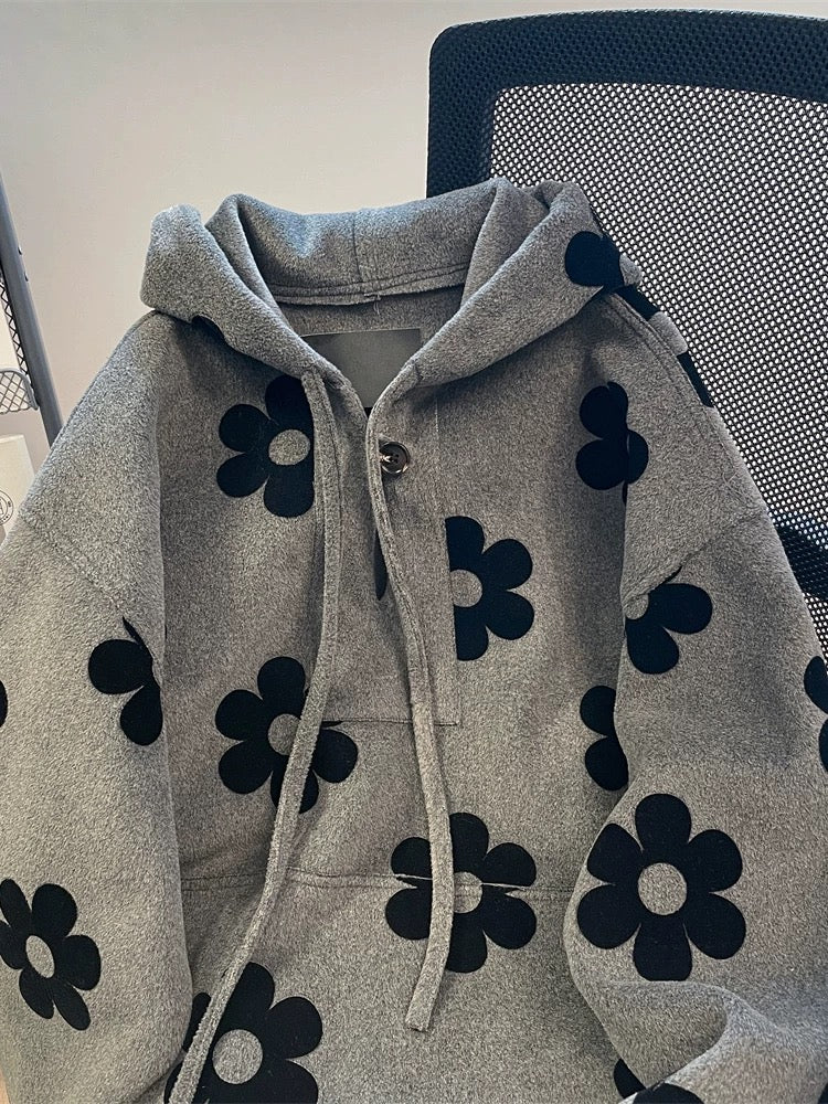 European goods, unique design, flower wool sweatshirt, men and women, spring and autumn lazy style, loose casual hooded jacket