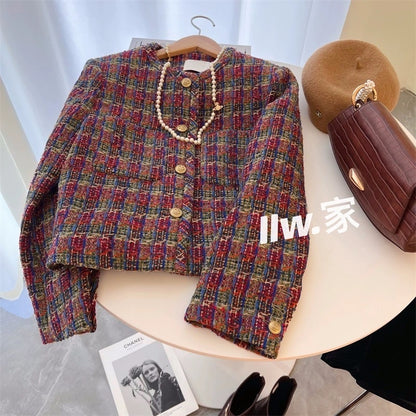 Autumn Color Equation shi~ Round neck tweed woven short jacket Feminine celebrity single-breasted small fragrant wind top