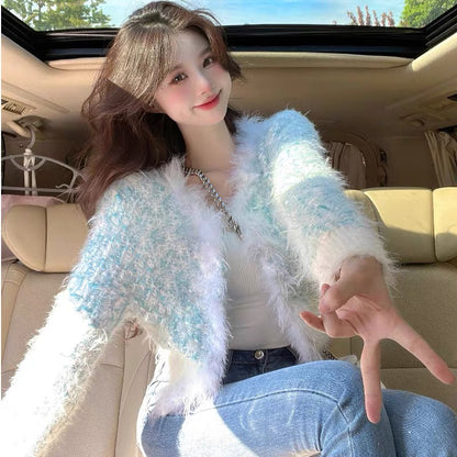 Xiaoxiangfeng high-end gentle plush splicing long-sleeved sweater jacket for women in autumn and winter, unique and slim trendy top