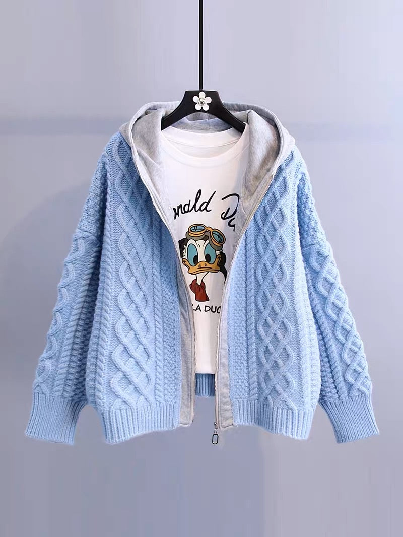 Color matching hooded twist sweater jacket women 2023 autumn new Korean version loose thickened lazy style knitted cardigan