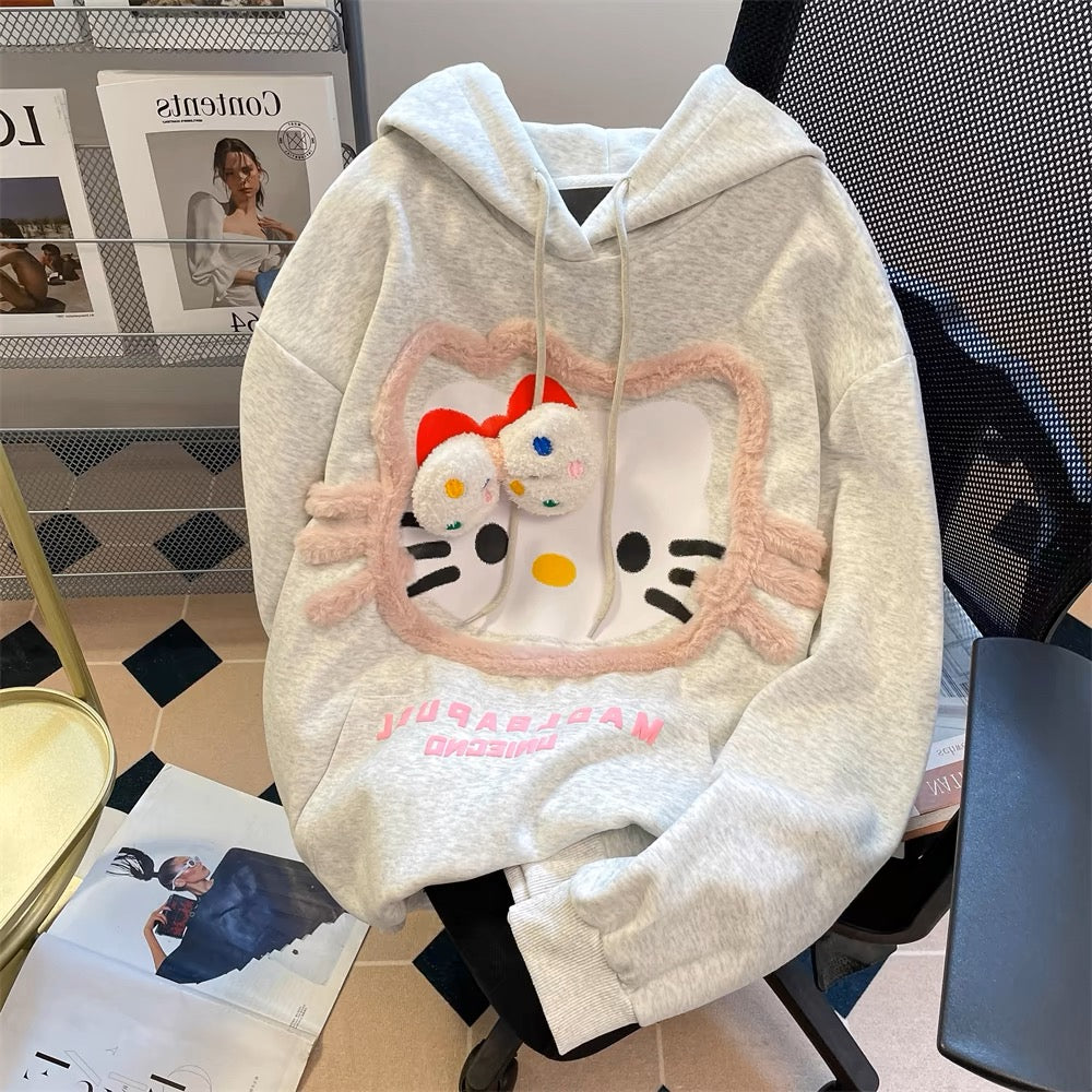 Cute and lovely three-dimensional plush Hello Kitty hooded sweatshirt for men and women in spring and autumn, sweet and unique, super beautiful tops and jackets