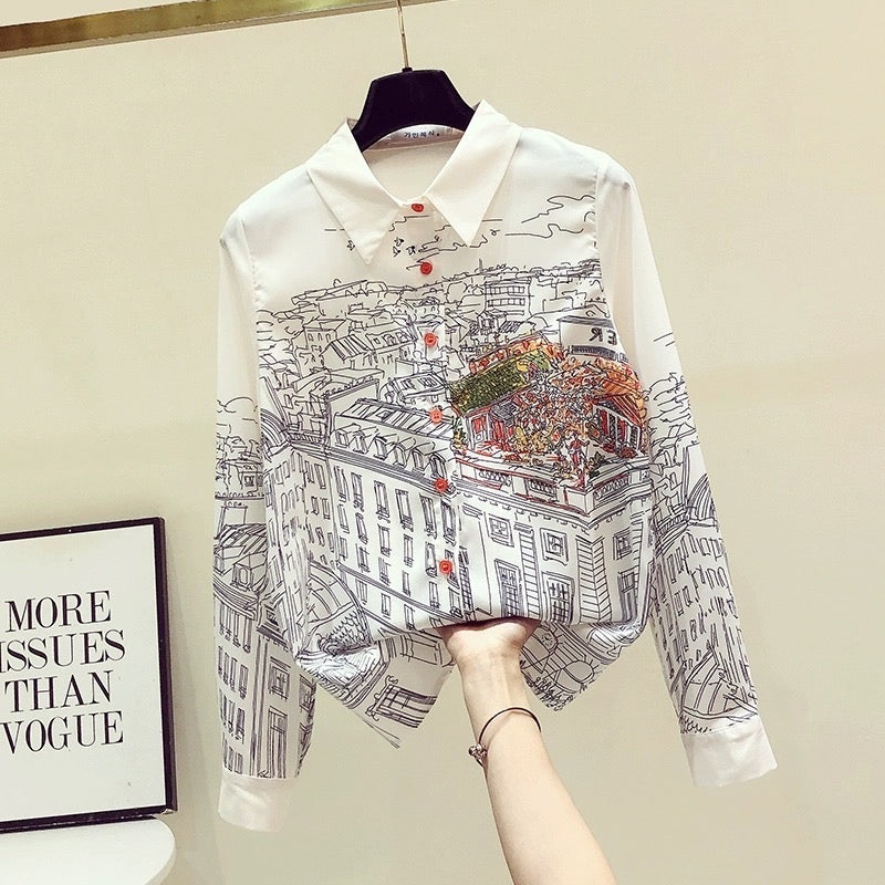 Temperament high-end floral print shirt women's fashion foreign style light mature age-reducing chiffon top spring and autumn design sense niche