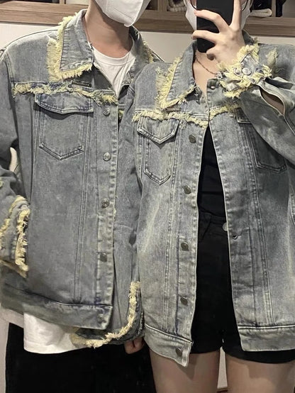 Retro high street washed old ripped denim jacket men's spring and autumn American style oversize tooling couple jacket tide