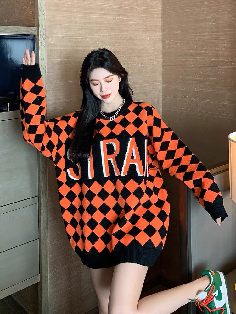 Orange Sweater Women's Retro Plaid 2023 New Style Knitted Sweater Loose Korean Style Autumn and Winter Outerwear Tops T2388