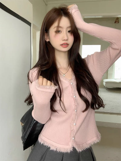 Korean style gentle style V-neck tassel pink knitted cardigan for women autumn 2023 new slim slim personalized top A2233