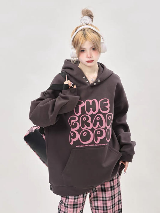 High-end, super good-looking, loose and heavyweight American retro hooded brown sweatshirt for women in spring and autumn, lazy style chic top A3351