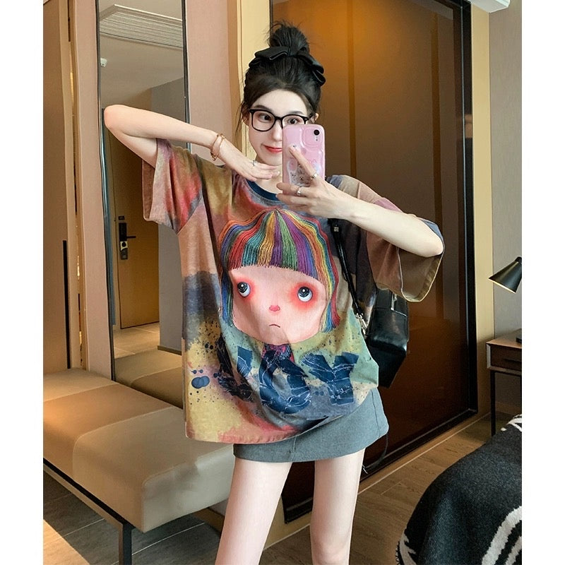 Tie-dye fun girl short-sleeved t-shirt female summer design sense niche American tide brand loose large half-sleeved top