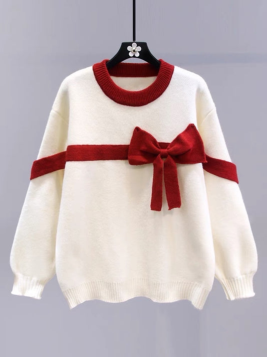 Japanese sweet red bow sweater for women autumn and winter 2023 new loose lazy style soft waxy sweater top