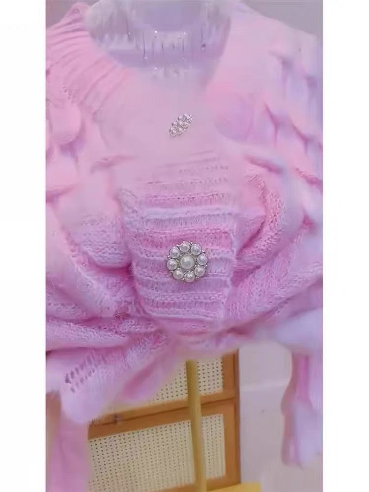 Cotton color design v-neck hollow pink knitted cardigan 2023 early autumn new style loose and versatile tops for women (S156)