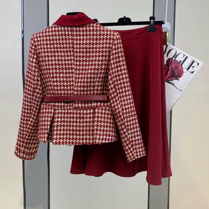 Spot high-end women's red houndstooth small fragrance suit New Year's clothes 2023 ladies skirt two-piece set