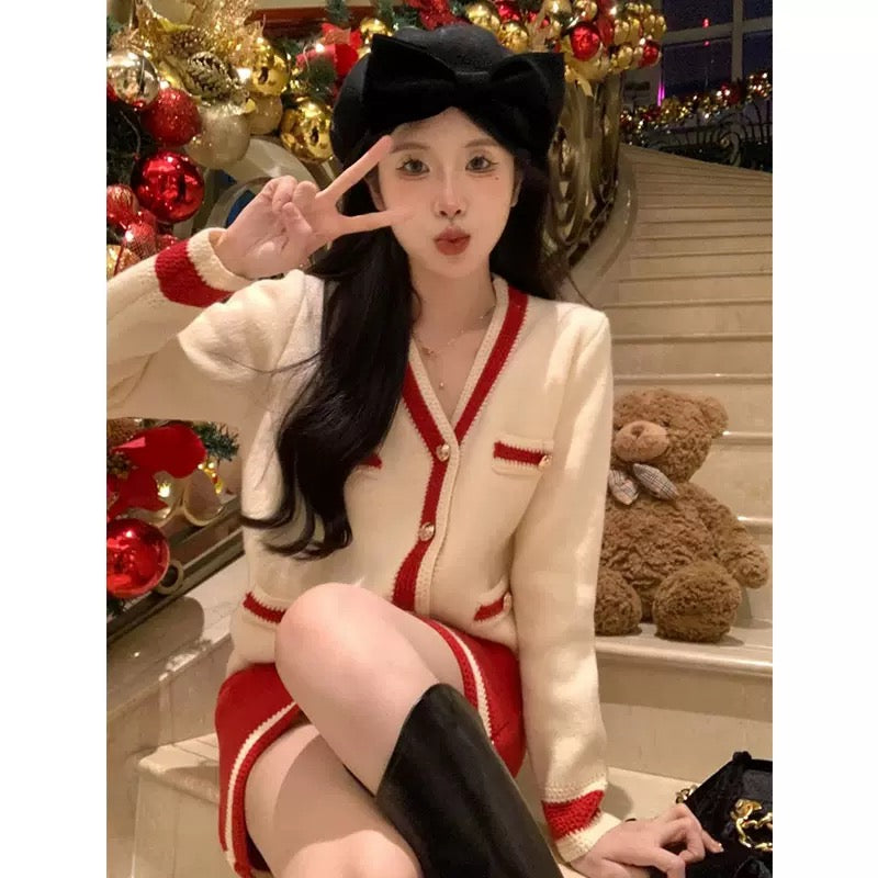 French style small fragrance style long-sleeved V-neck sweater jacket for women in autumn and winter high-waisted slim red skirt two-piece set T9493