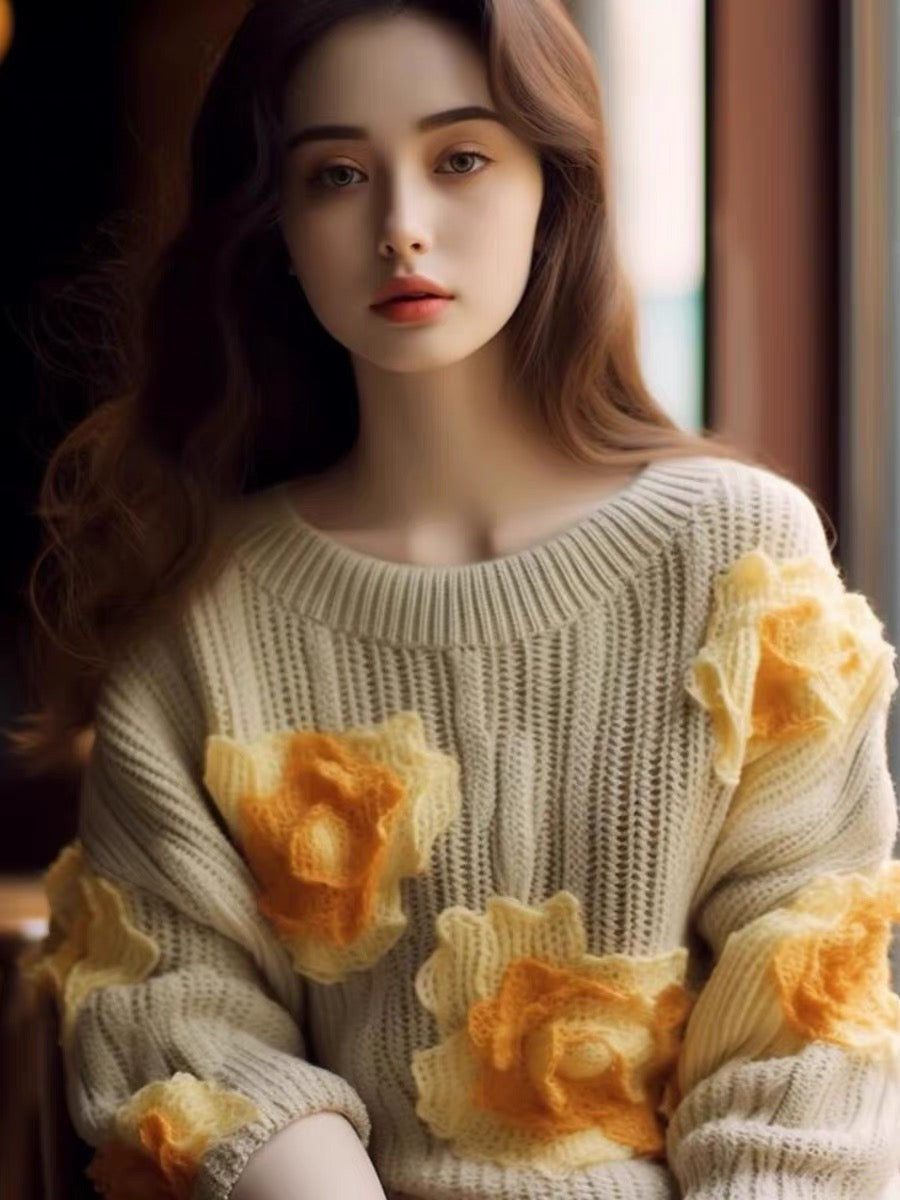 2023 new hot style French high-end super good-looking fufu lazy little fragrance flower knitted sweater autumn wear (B1517)