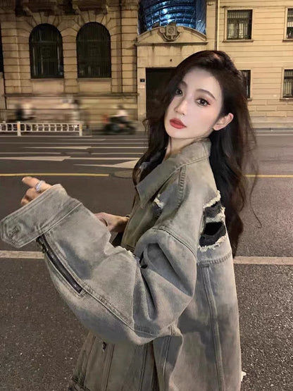 American retro high street ripped denim jacket women's spring and autumn 2023 new high-end tops for small men