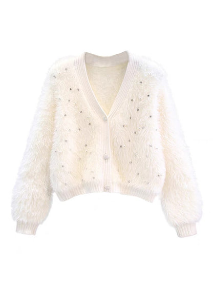 Xiaoxiangfeng beaded imitation mink velvet sweater jacket for women autumn and winter 2023 new loose short V-neck knitted cardigan