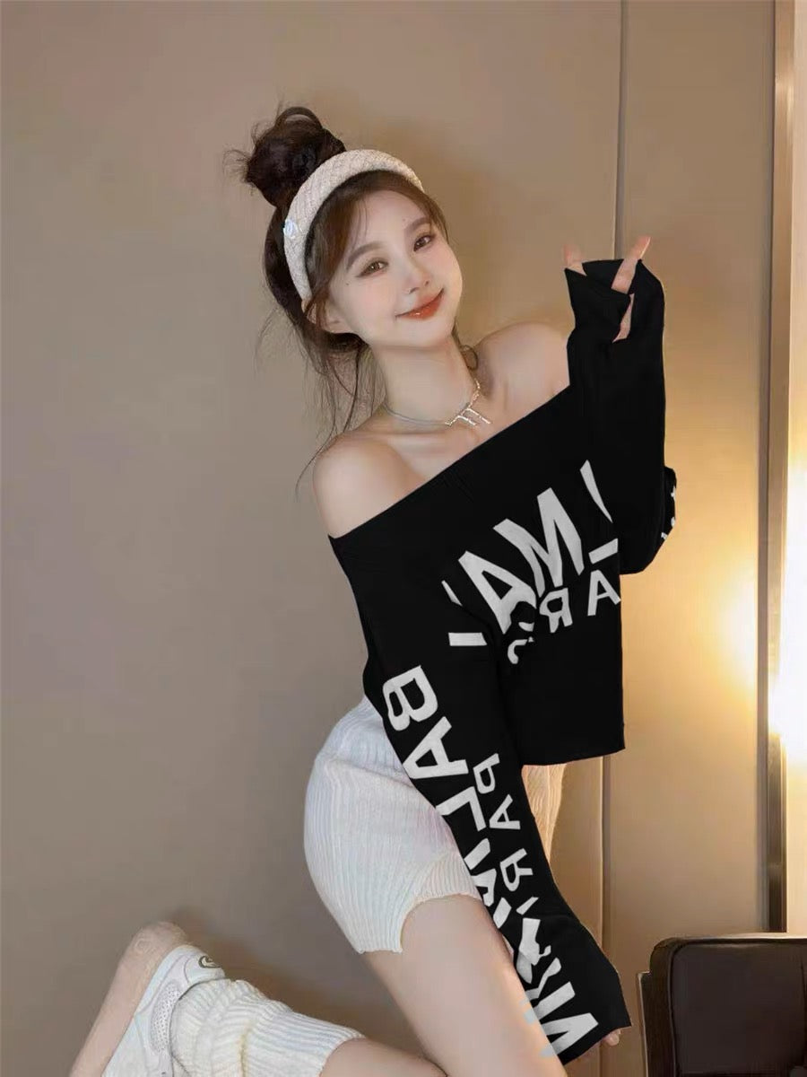 Pink soft waxy lazy sweater women's autumn and winter pure desire hot girl one-shoulder top design sense niche knitted bottoming shirt