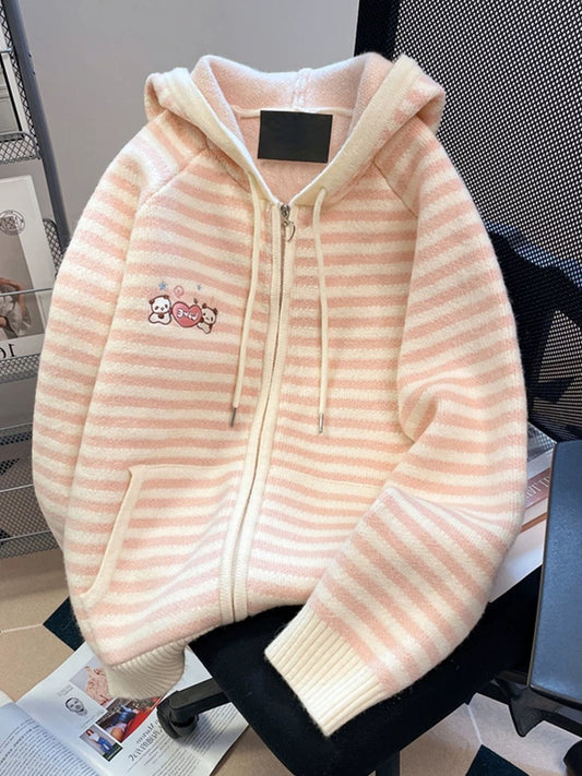 Milk fufu lazy cute striped contrast hooded sweater men and women autumn and winter unique beautiful knitted coat cardigan