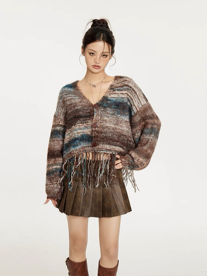 Sanowers American retro tie-dye heavy-duty tassel sweater autumn loose lazy style short sweater jacket for women (S0556)