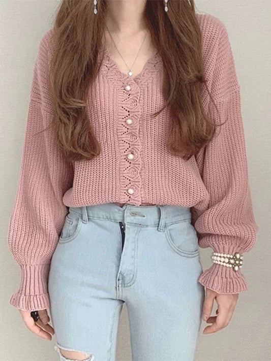 2023 Early Autumn Design Soft, Gentle, Retro Style V-neck Pearl Button Knitted Cardigan Sweater for Women to Wear Outerwear