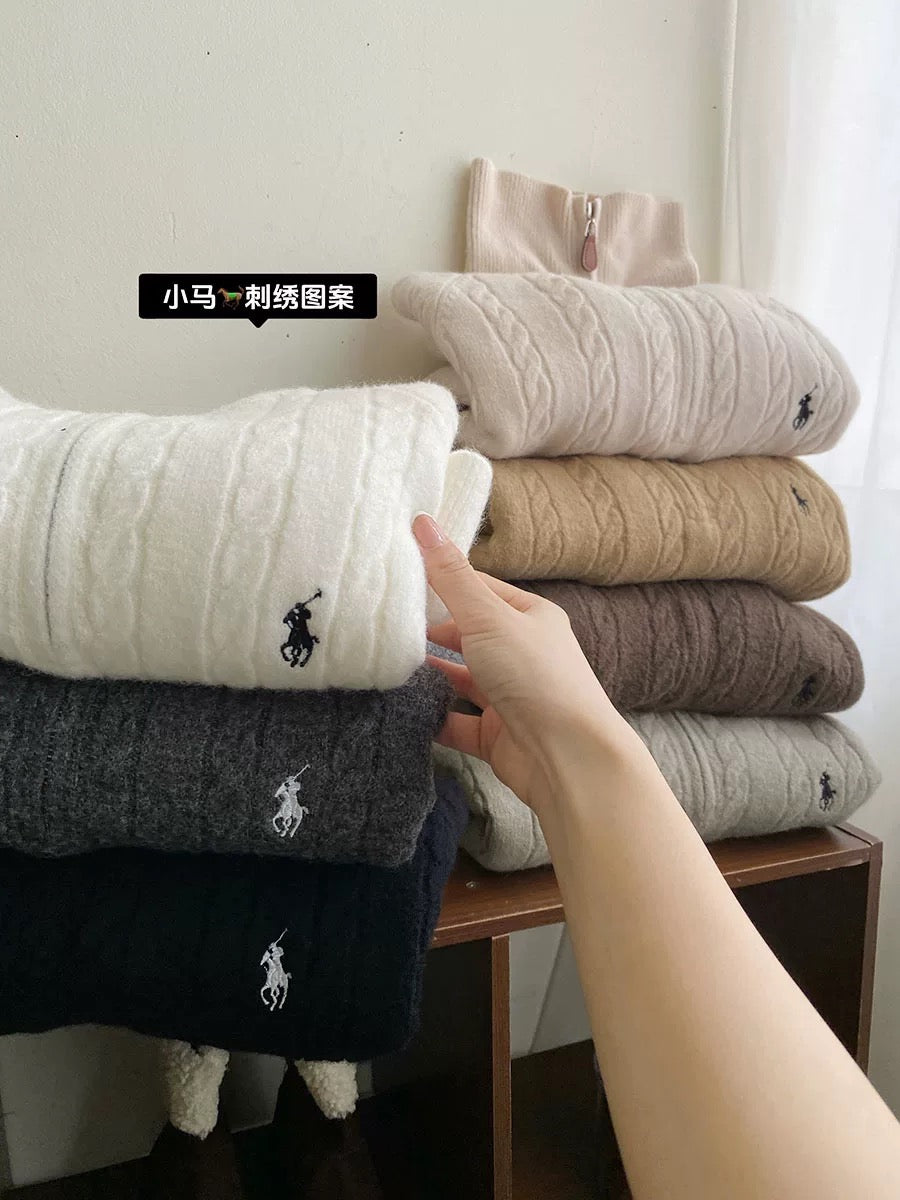 Old money retro half zipper stand collar pony embroidery cable knit sweater women autumn and winter pullover casual all-match knitted top