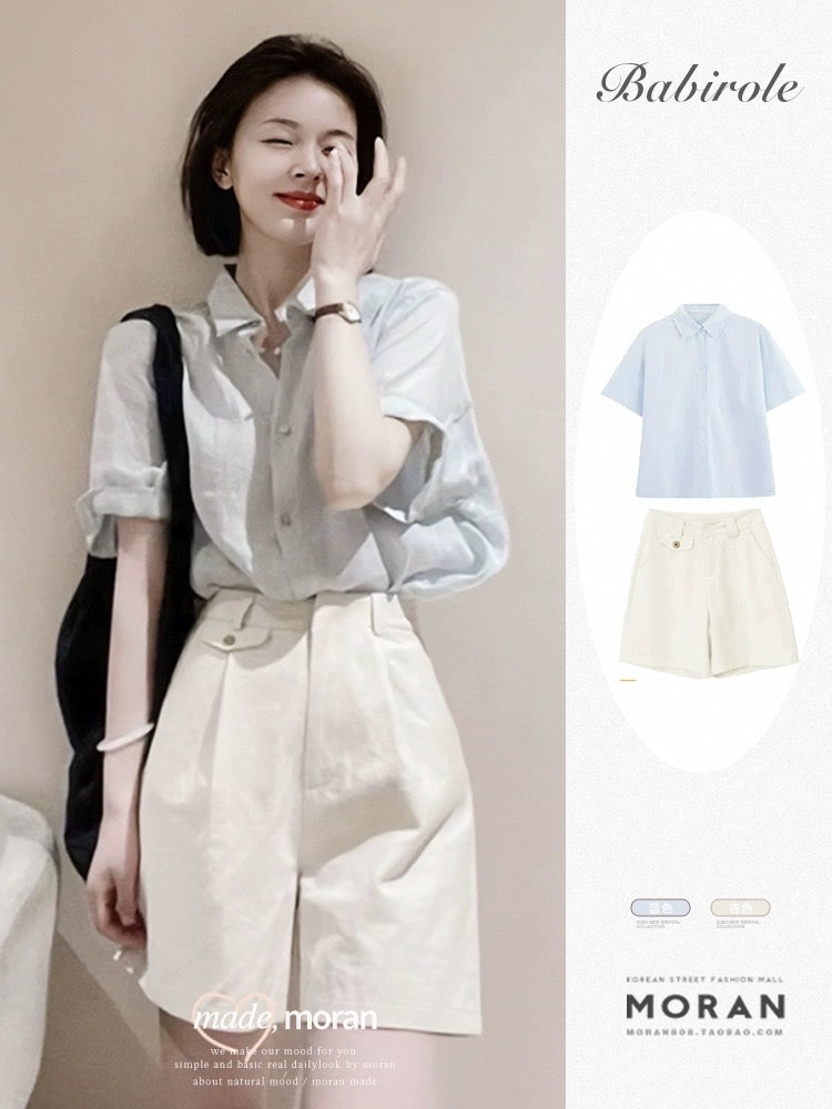 Summer fashion set of temperament shirt top shorts two-piece casual suit female 2023 new small man