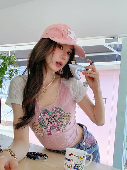 Earth Store Pink Angel Embroidery Knitted Short Sleeve Thin T-shirt Women Spring and Summer Contrast Color Slim Fit Raglan Sleeve Top Trend