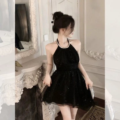 2023 popular skirt halter neck little black dress with sequins design A-line fluffy skirt with waist showing figure dress