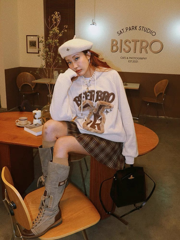 "New Year Limited" BeerBro American Plush Rabbit Hooded Sweatshirt Women's Winter Plus Velvet Loose Trendy Jacket