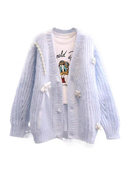 Small fresh beaded design sense sweater jacket women 2023 spring new loose lazy style knitted cardigan