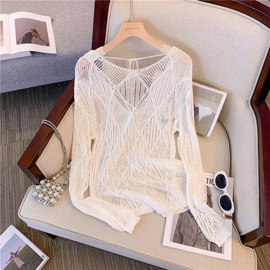 V-neck ice silk long-sleeved sunscreen T-shirt for women early autumn 2023 new hollow loose knitted blouse thin top niche