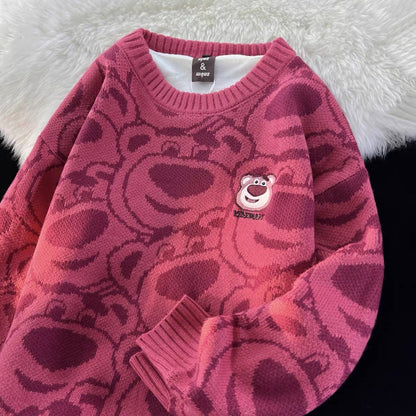 Japanese cute strawberry bear pink sweater for women in autumn and winter plus velvet loose lazy style soft glutinous milk sweater jacket (S0452)