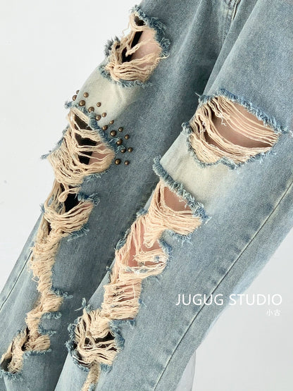 JUGUG2023 summer ripped jeans women's light-colored washed design sense rivets loose wide-leg mopping trousers