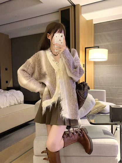 DOPS autumn and winter new mixed color gradient niche high-end butterfly tassel raw edge knitted cardigan sweater women's long sleeves