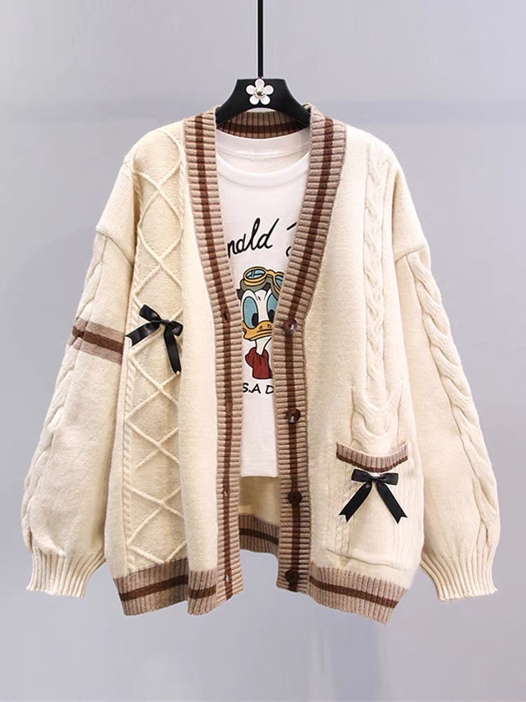 Japanese bowknot sweater coat women autumn and winter 2023 new loose lazy style design sense age-reducing knitted cardigan