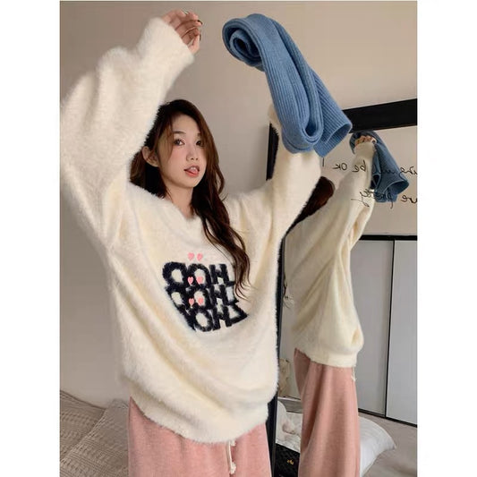 Korean gentle style soft waxy love letter imitation mink velvet sweater for women in winter loose and slim outer wear warm top