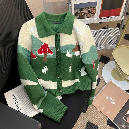 Designed long-sleeved lapel cardigan for women 2023 spring new age-reducing cartoon sweater contrasting color short sweater top